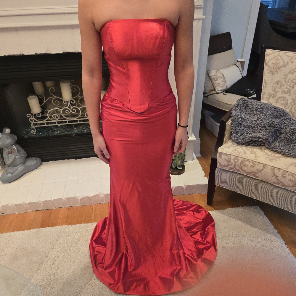 Portia and Scarlett Strapless Red Prom Dress - Picture 3 of 6